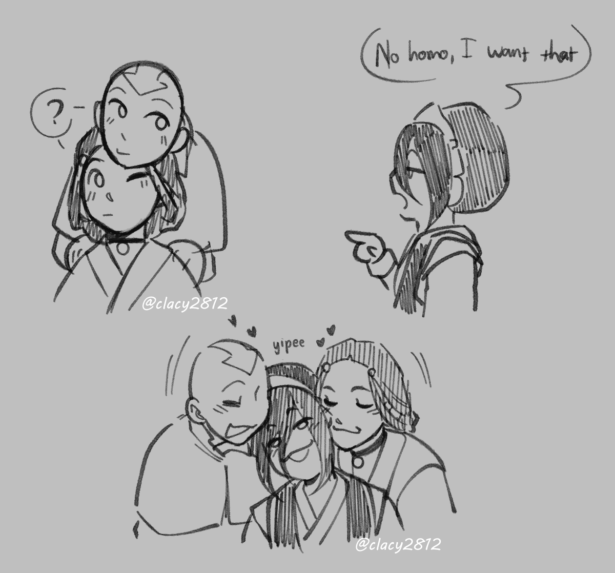 ClacyYe's tweet photo. Saw a post of #katophaang and it opened my eyes.

I headcanon Toph doing all the loveydovey things with Aang and Katara, but ykno, still stay as bros, totally allat (she's scared of commitment but they let her) https://t.co/YZSKSsfBI8