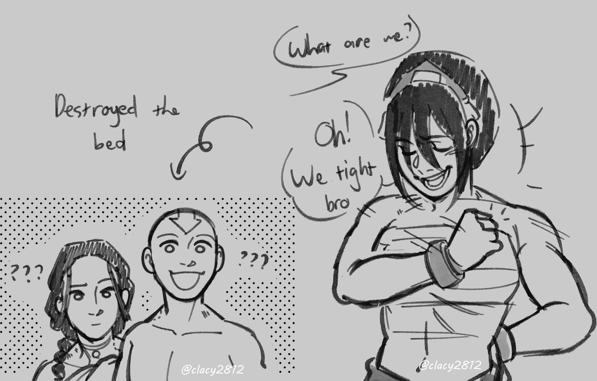 ClacyYe's tweet photo. Saw a post of #katophaang and it opened my eyes.

I headcanon Toph doing all the loveydovey things with Aang and Katara, but ykno, still stay as bros, totally allat (she's scared of commitment but they let her) https://t.co/YZSKSsfBI8