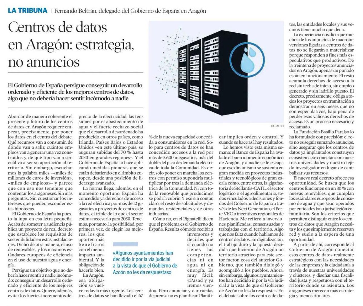 DelGobEnAragon's tweet photo. 💬 @fbelblazquez: «Tenemos la posibilidad, por primera vez, de elegir los mejores centros de datos, los que aporten más beneficios con el menor impacto ambiental. Y la obligación de hacerlo bien».

⬇️ La tribuna del delegado del Gobierno de España en Aragón hoy en @heraldoes. https://t.co/Au3ATon8Om