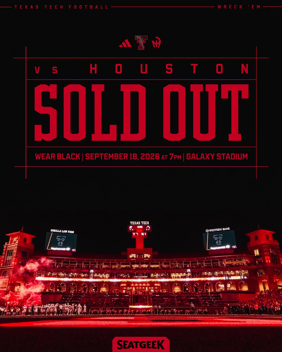 TexasTechFB's tweet photo. Friday night is SOLD OUT‼️

Be early, be loud, wear black.

🎟️: https://t.co/P0vVPOpaSj | @SeatGeek https://t.co/urZ6omUmqW