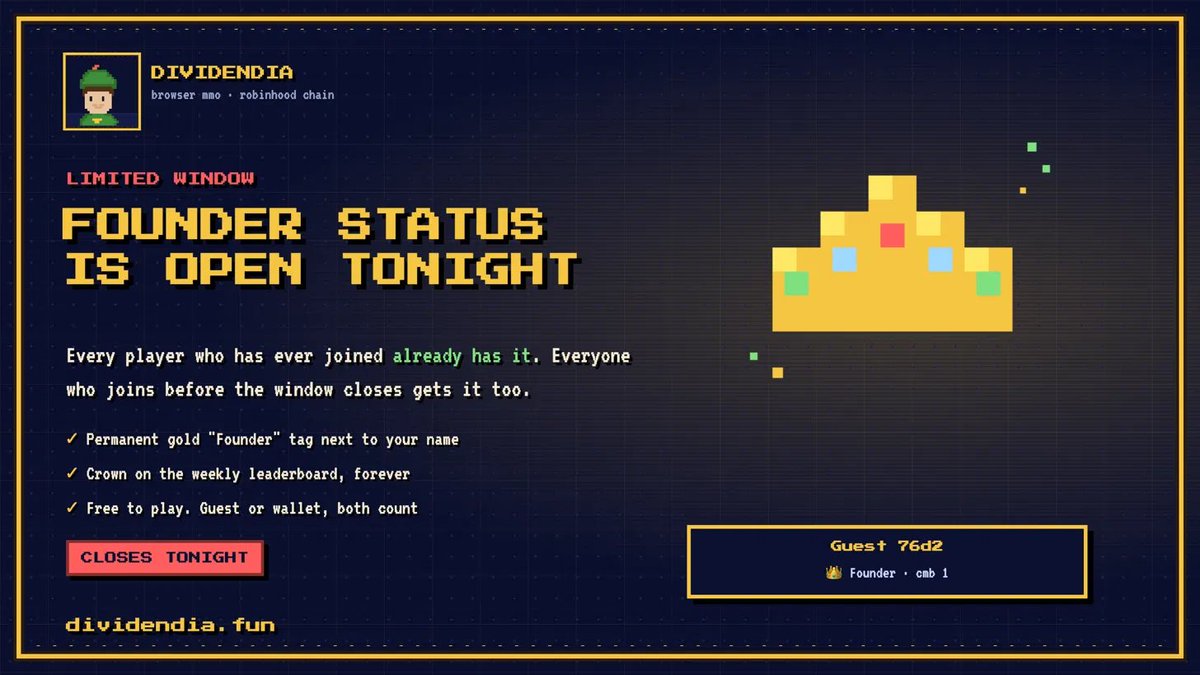 divdendia's tweet photo. Founder status is open. Till tonight only.

Every single player who has ever joined Dividendia already has the Founder title — the permanent gold tag next to your name, and the crown on the weekly leaderboard.

We just extended the window. Anyone who joins in the next few hours gets it too. After that, it's gone for good — no retroactive grants, no "sorry you were 10 minutes late."