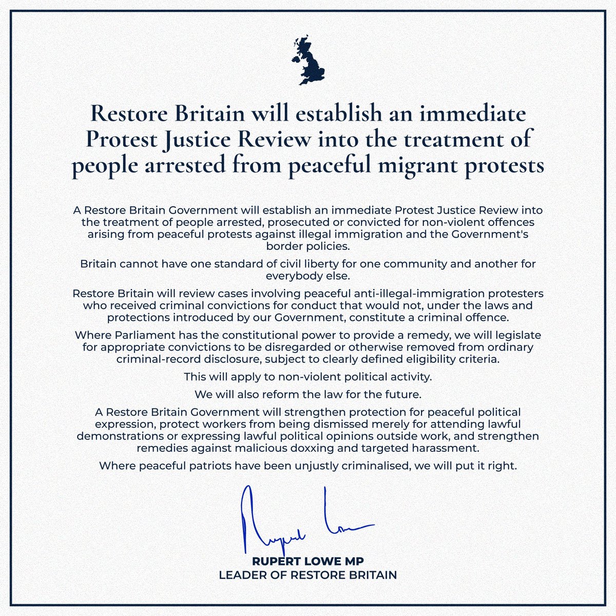BasilTheGreat's tweet photo. 🚨BREAKING: Restore Britain have announced they will review and remove ALL CRIMINAL RECORDS AND CHARGES made against anyone peacefully protesting against the invasion of the UK

Patriots should not be criminalised for defending our country 🫡🇬🇧 https://t.co/4RaJ9VfTpV