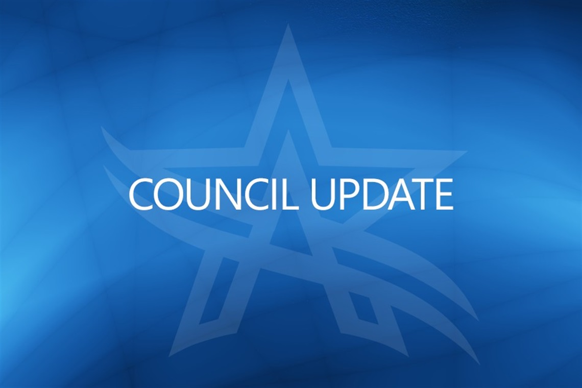 A blue background features a faint logo with a stylized star and lines. The text "COUNCIL UPDATE" is prominently displayed in white.