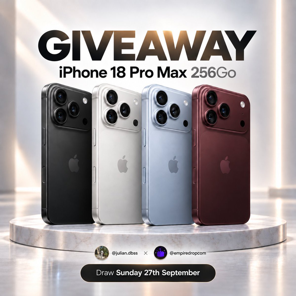 mp4_felix's tweet photo. GIVEAWAY IPHONE 18 PRO MAX 256Go 🥳

Participation on @KGytb_ INSTAGRAM Page ONLY: https://t.co/gEeiIVrKqg

---

🎁 4x 25$ to WIN on this Post:
- Mention 2 Friends on Comments
- RT this post + follow https://t.co/GqBdXZxCO5