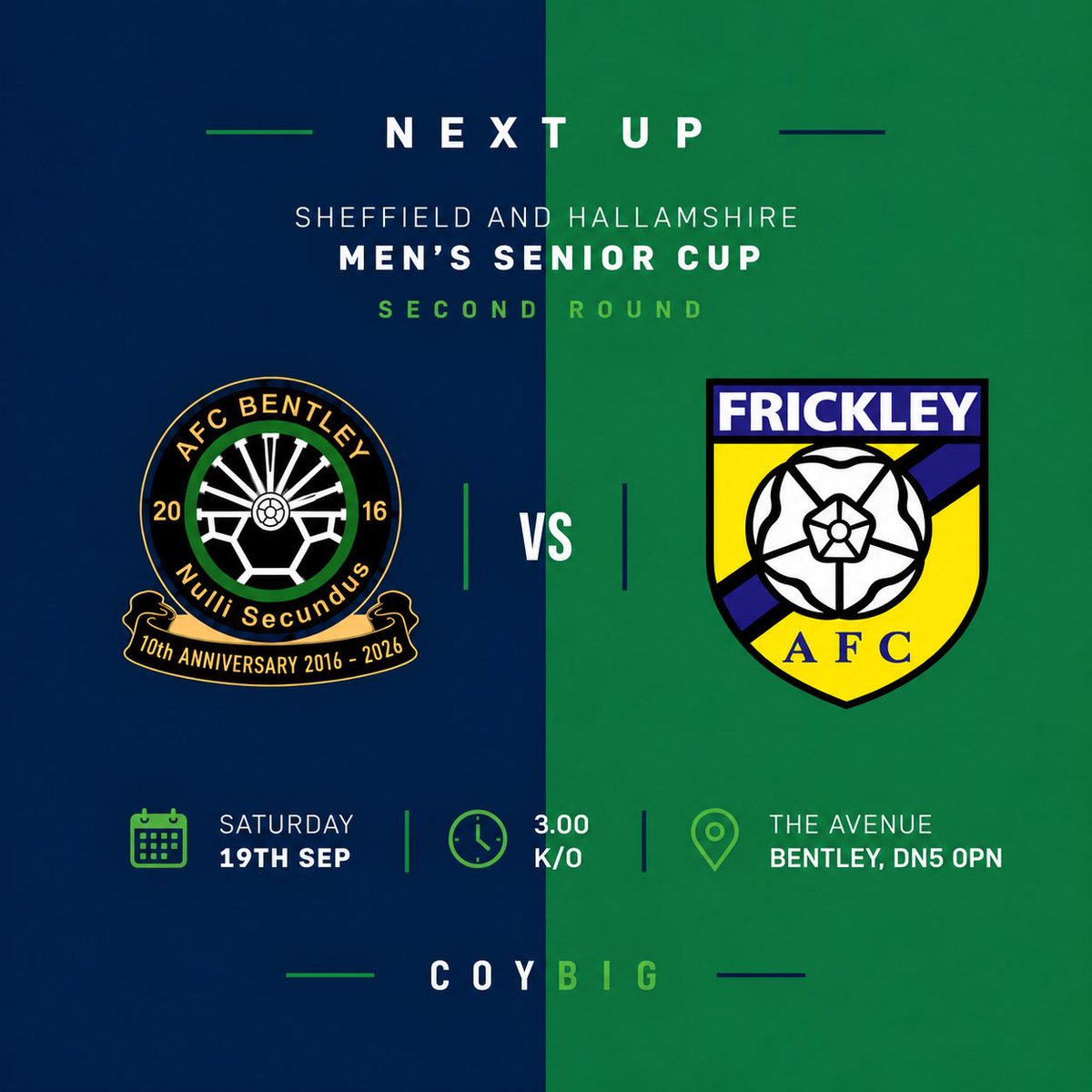 AFCBentley2016's tweet photo. 𝗡𝗘𝗫𝗧 𝗨𝗣 ➡️ 

More cup action for KT and Co as we host Frickley Athletic in the second round of the S&amp;H Cup. Our visitors currently sit second from bottom in the NCEL Premier, but even with their current form, Bentley will still be considerable underdogs chasing a big upset. https://t.co/kQTuMTonvw
