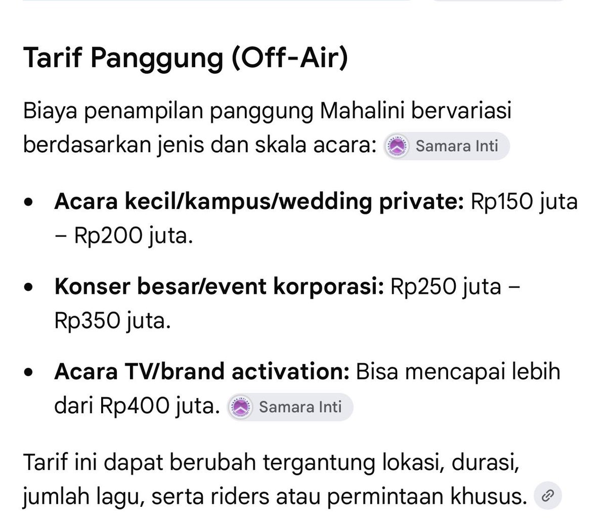 Zia_Lite's tweet photo. @tuisney Sempat baca beberapa kali yang mention nanya buat acara private, perusahaan dll. Rate card-nya lebih kurang bener segini. 

Itu tarif standard. Kalau minta lagu lebih, durasi lebih, nambah lagi. Mana jadwal manggungnya padat terus, pantes makin kaya dia. 😅 https://t.co/OFVTo4VHoU