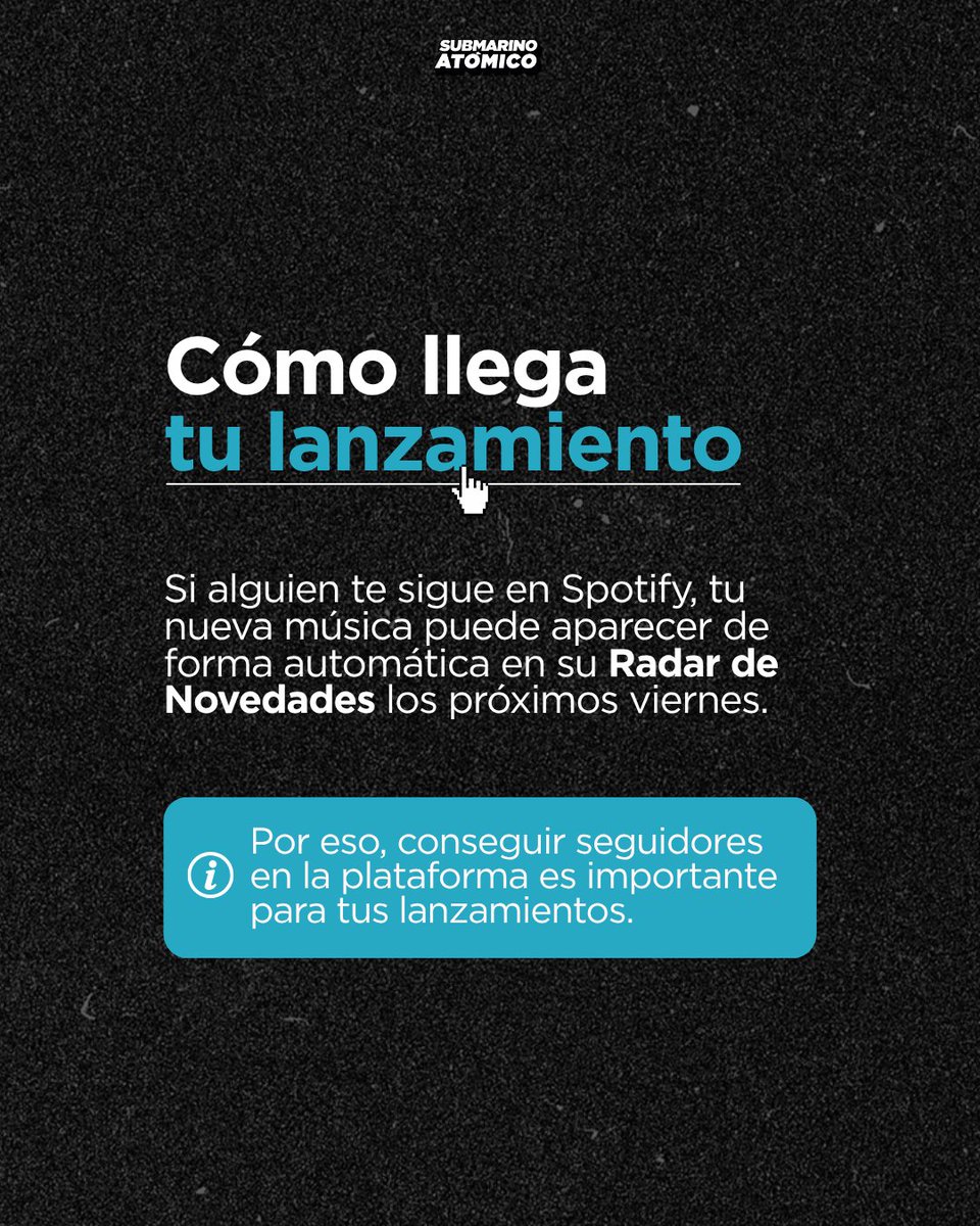 submarinoatomic's tweet photo. 👀¿Sabés cómo funciona Radar de Novedades de Spotify?

Si la ves en tu aplicación todos los viernes, pero no sepas cómo funciona, este carrusel es para vos.

Cómo se crea, qué relación tiene con tus seguidores y qué podés hacer vos para usarla en tus próximos lanzamientos. ⚡️ https://t.co/J8uKXZeIc1