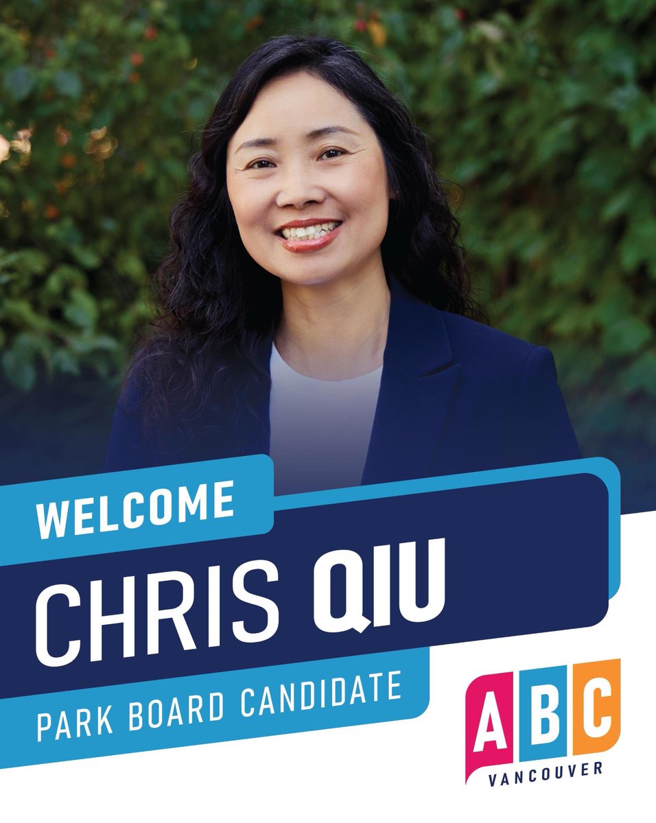 Vote4ABC's tweet photo. Proud to announce Chris Qiu, as one of your ABC Vancouver candidates for Park Board.

A mother of three and community leader in Marpole, Chris has firsthand experience raising a family in Vancouver and navigating the challenges of our parks system. She also brings a strong record of community organizing, problem-solving and getting results.

Chris believes every Vancouverite deserves clean parks, safe parks, and recreation facilities that work for them.

But right now, too many Vancouverites are dealing with parks and recreation services that simply aren’t delivering.

That’s why Chris is running as part of an ABC Vancouver Park Board team focused on clean, safe, world-class parks with better services that work for you.

That means doubling dog parks, keeping parks and playgrounds clean and needle-free, building more pools, making swimming lessons free for kids, removing paid parking from beaches and community centres, and making sure our parks and facilities are properly maintained.

It also means bringing proper oversight, responsible management and practical leadership back to the Park Board so taxpayers get better value and families get the services they deserve.

On October 17th, re-elect Mayor Ken Sim and elect Chris Qiu and your ABC Vancouver Park Board team. And vote YES on the public safety plebiscite. 

#ABCVancouver #PublicSafety #Affordability #Vancouver