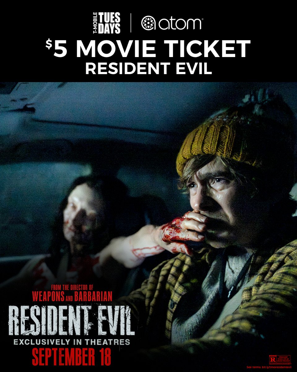 atomtickets's tweet photo. Don’t be scared @TMobile members, get your $5 ticket to
see #ResidentEvil only in theatres FRIDAY. Save your perk in
the T-Life app, then redeem on #AtomTickets by Sunday. https://t.co/2991q5rCuu