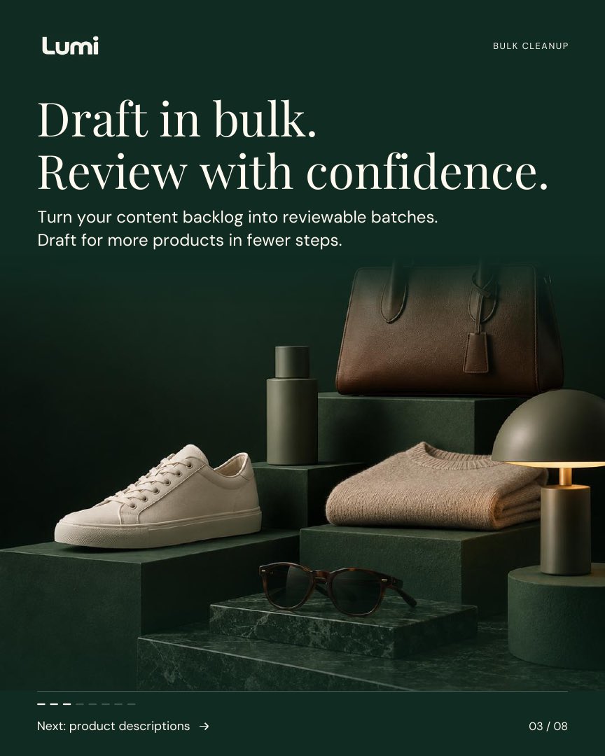 stuxai's tweet photo. “I’ll clean up the catalog later” adds up fast.

Missing alt text. Empty SEO fields. Hundreds of products to check.

I built Lumi to help Shopify merchants find the gaps, draft in bulk, and review what goes live.

Explore Lumi → https://t.co/9jouCi7ZI0  https://t.co/42VK5hzq5C