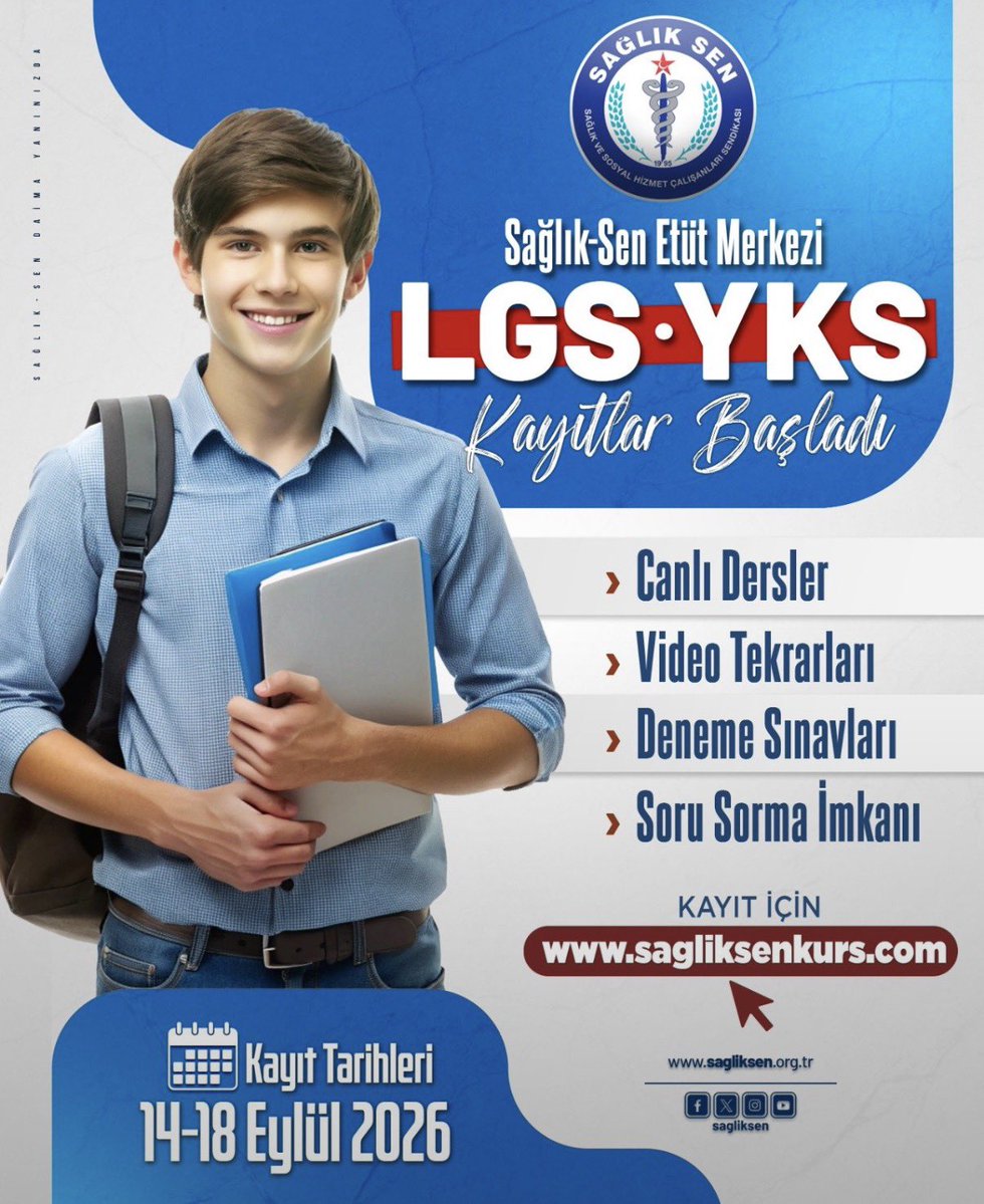 yasinbarutcu02's tweet photo. Sağlık-Sen üyelerinin çocuklarının ücretsiz yararlandığı Sağlık-Sen Etüt Merkezi, yeni dönem kayıtlarına başladı. 

📌Üyeler, 2026-2027 eğitim-öğretim yılı YKS ve LGS kursları için 14-18 Eylül 2026 tarihleri arasında ön kayıt yaptırabilir. 

Detaylara web sitemizden ulaşabilirsiniz⤵️
https://t.co/rMBoRPtMBY…