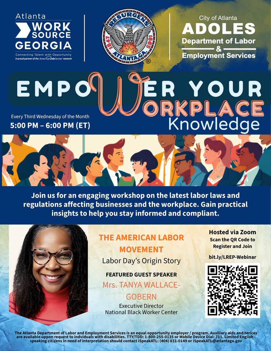 WorkSourceATL's tweet photo. Join ADOLES for a special virtual LREP session exploring The American Labor Movement: Labor Day’s Origin Story from a worker’s perspective.

🎙️ Tanya Wallace-Gobern, National Black Worker Center
📅 Sept. 16 | 5–6 PM ET
💻 Zoom
Register: https://t.co/E9P0ukh5Dt
#WDM2026 #ATLADOLES https://t.co/0EsZwyfuo1