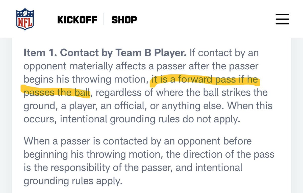 kjb1030's tweet photo. @FitzMagic_14 @NFL Intent is not the right word. But it's in the rulebook.

It's the same reason why when a pass gets dirted with no receiver around is not called grounding, if you were in a throwing motion when you got hit.

Most of those plays end up being empty hand fumbles, not backwards passes https://t.co/afu9Q9F4us