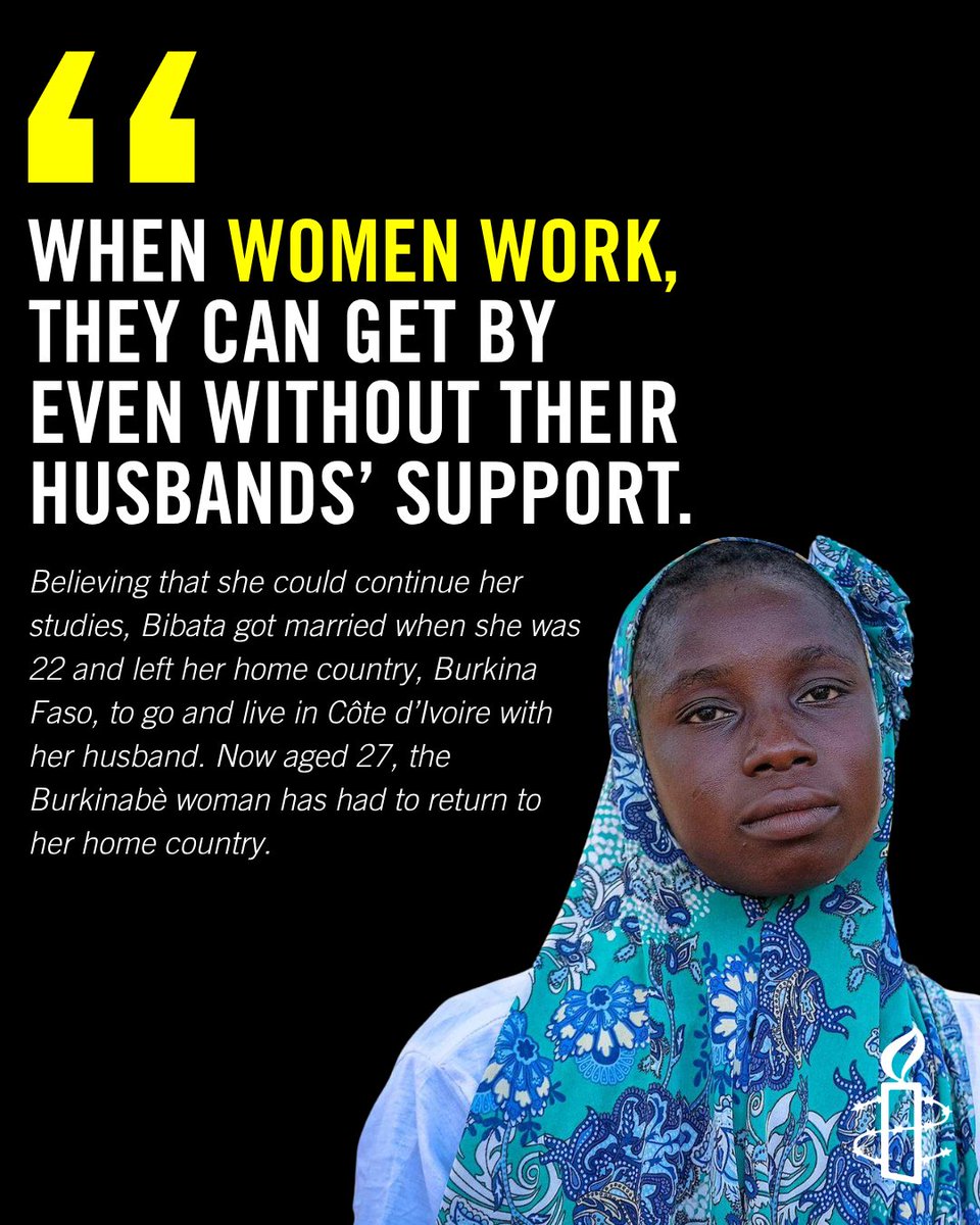 AmnestyWARO's tweet photo. After getting married, Bibata realized that her husband would never keep his promise to fund her education.

Two years of marriage.
Two years of suffering. 

She decided to leave before it cost her life.

Discover her story: https://t.co/nKeY83TSvj

#HumanRights https://t.co/9bCKKXKpU3