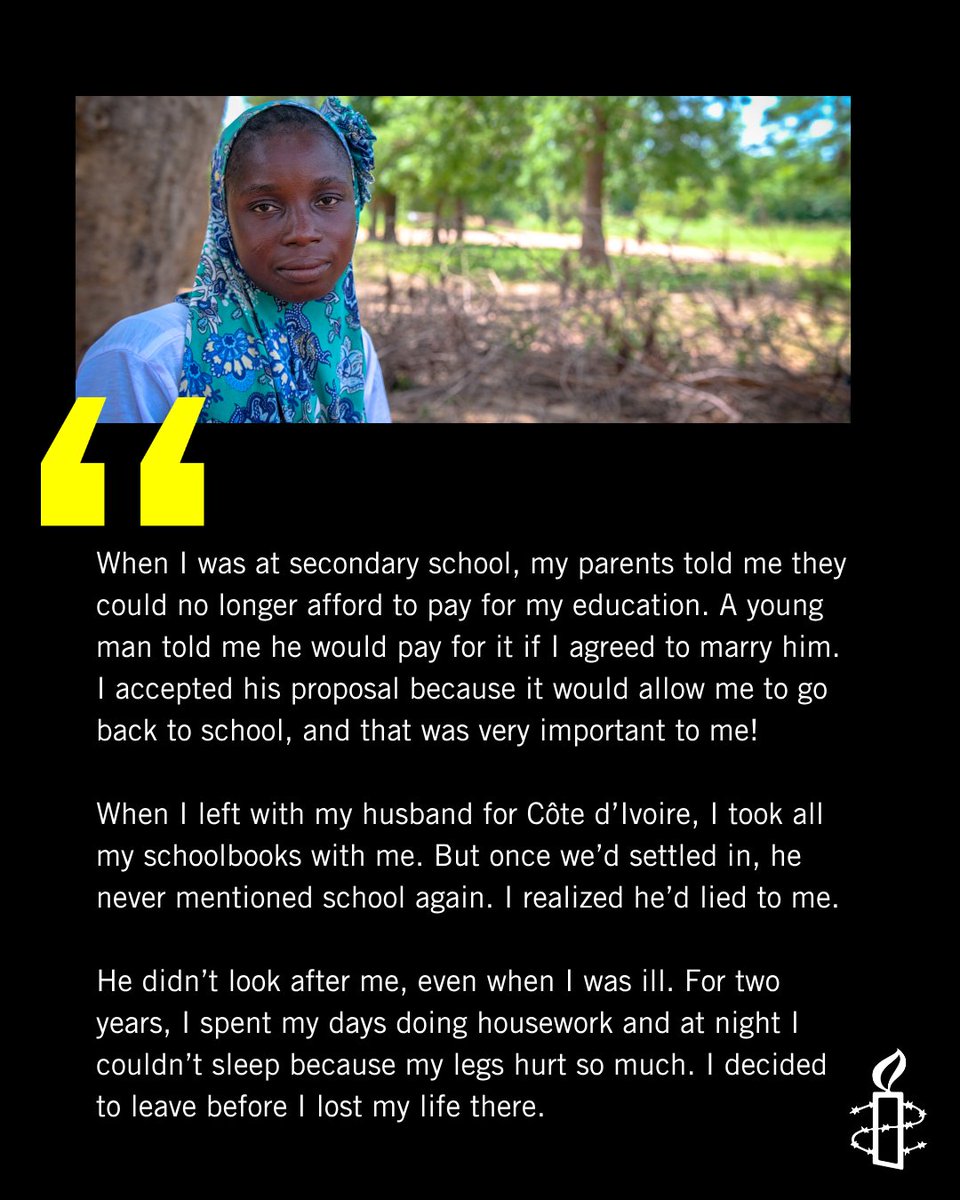 AmnestyWARO's tweet photo. After getting married, Bibata realized that her husband would never keep his promise to fund her education.

Two years of marriage.
Two years of suffering. 

She decided to leave before it cost her life.

Discover her story: https://t.co/nKeY83TSvj

#HumanRights https://t.co/9bCKKXKpU3