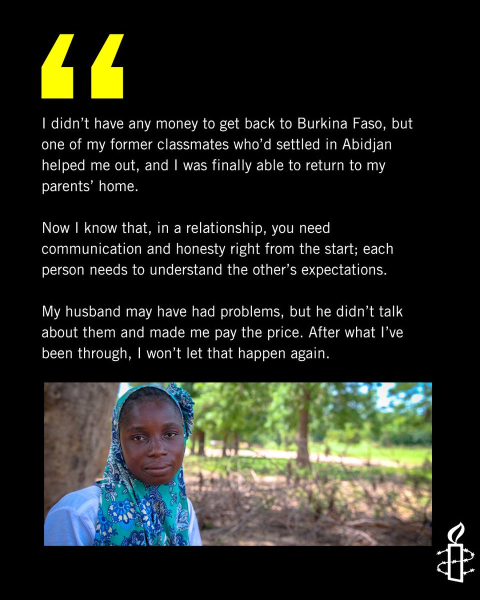 AmnestyWARO's tweet photo. After getting married, Bibata realized that her husband would never keep his promise to fund her education.

Two years of marriage.
Two years of suffering. 

She decided to leave before it cost her life.

Discover her story: https://t.co/nKeY83TSvj

#HumanRights https://t.co/9bCKKXKpU3