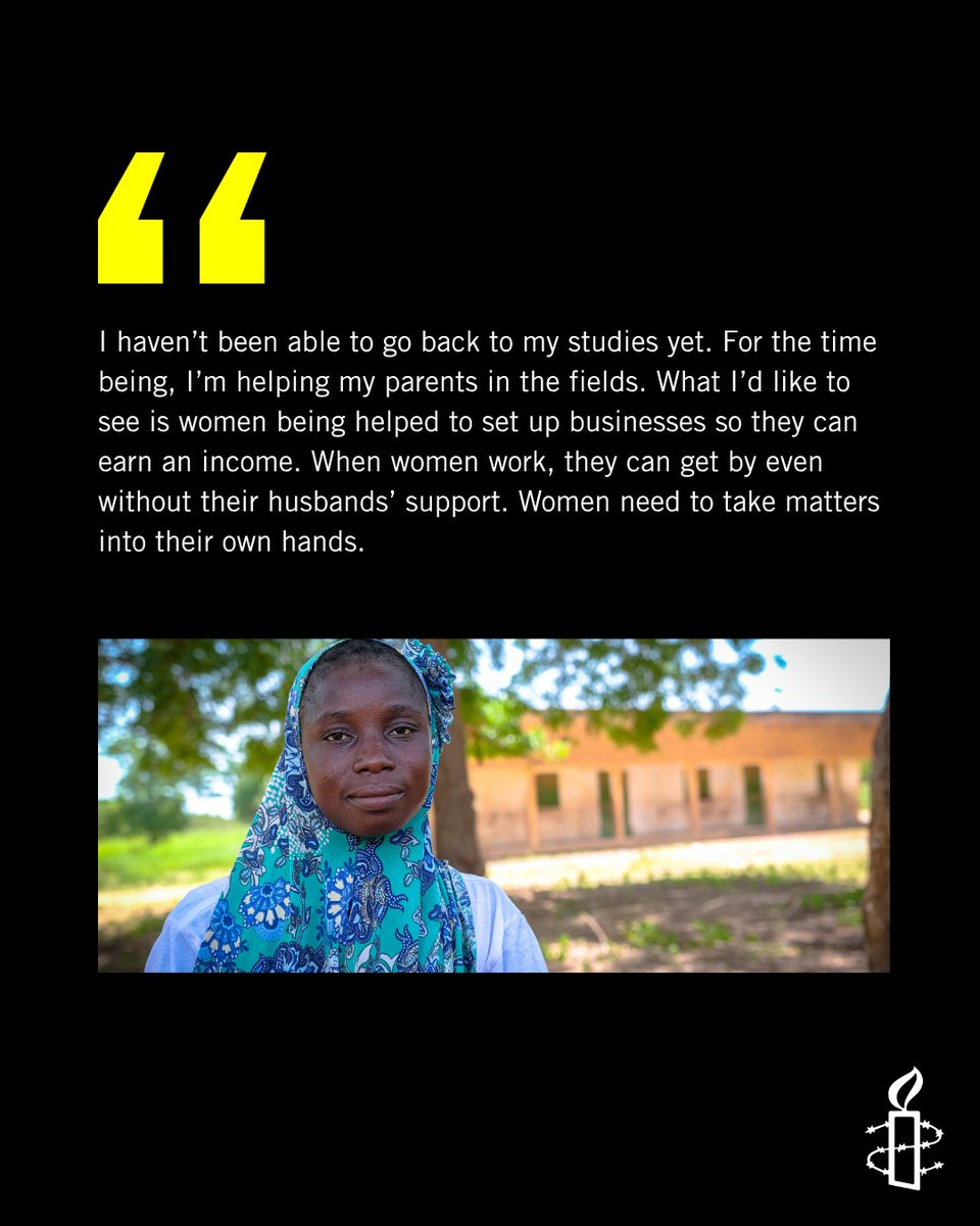 AmnestyWARO's tweet photo. After getting married, Bibata realized that her husband would never keep his promise to fund her education.

Two years of marriage.
Two years of suffering. 

She decided to leave before it cost her life.

Discover her story: https://t.co/nKeY83TSvj

#HumanRights https://t.co/9bCKKXKpU3