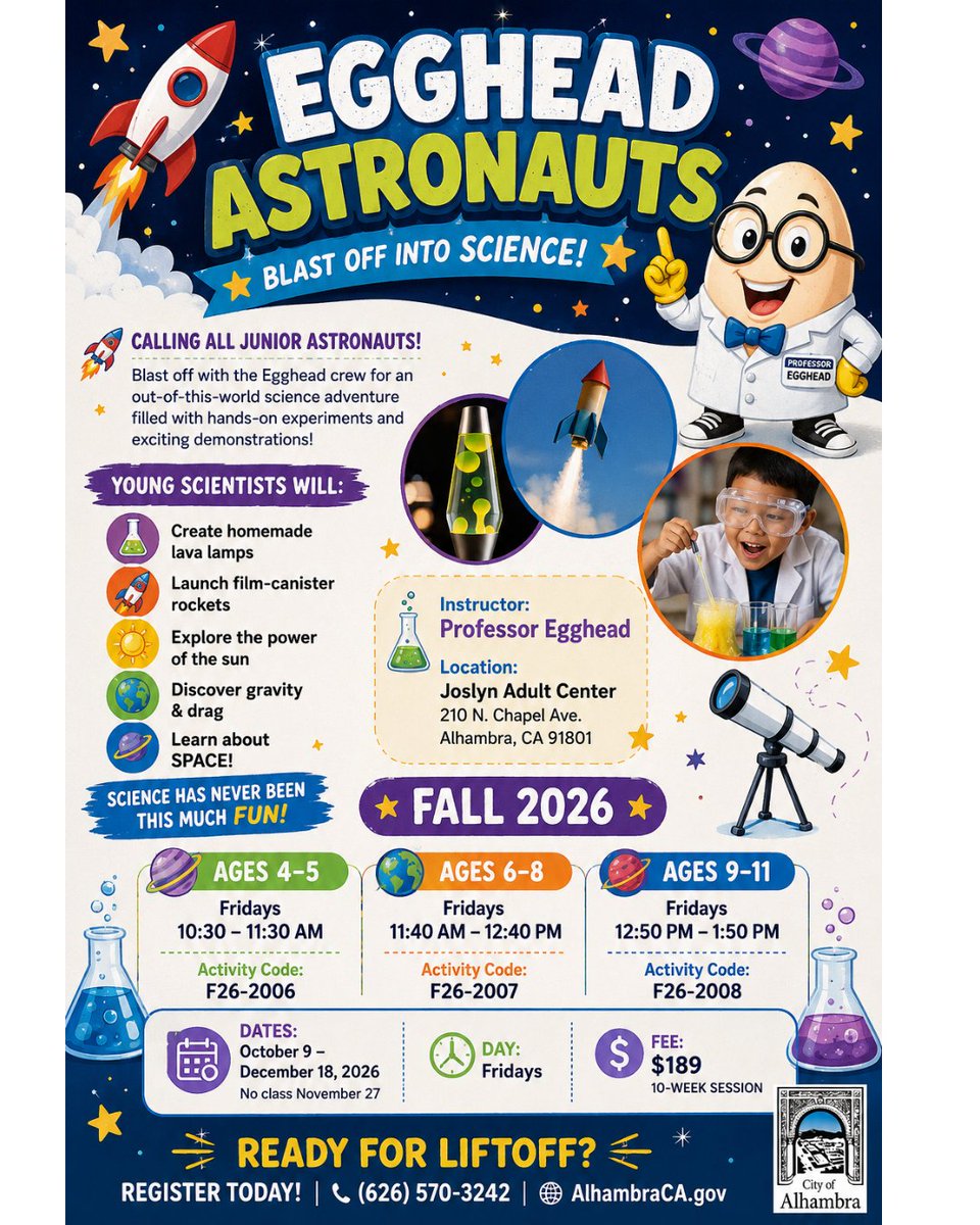 cityofalhambra's tweet photo. See more fall leisure classes for you to enjoy!
Registration is open to everyone for the Fall Leisure Classes — sign up today!
📞Call: (626) 570-3242
🔗Online: https://t.co/N6HarWe700 https://t.co/trOCrjutkR