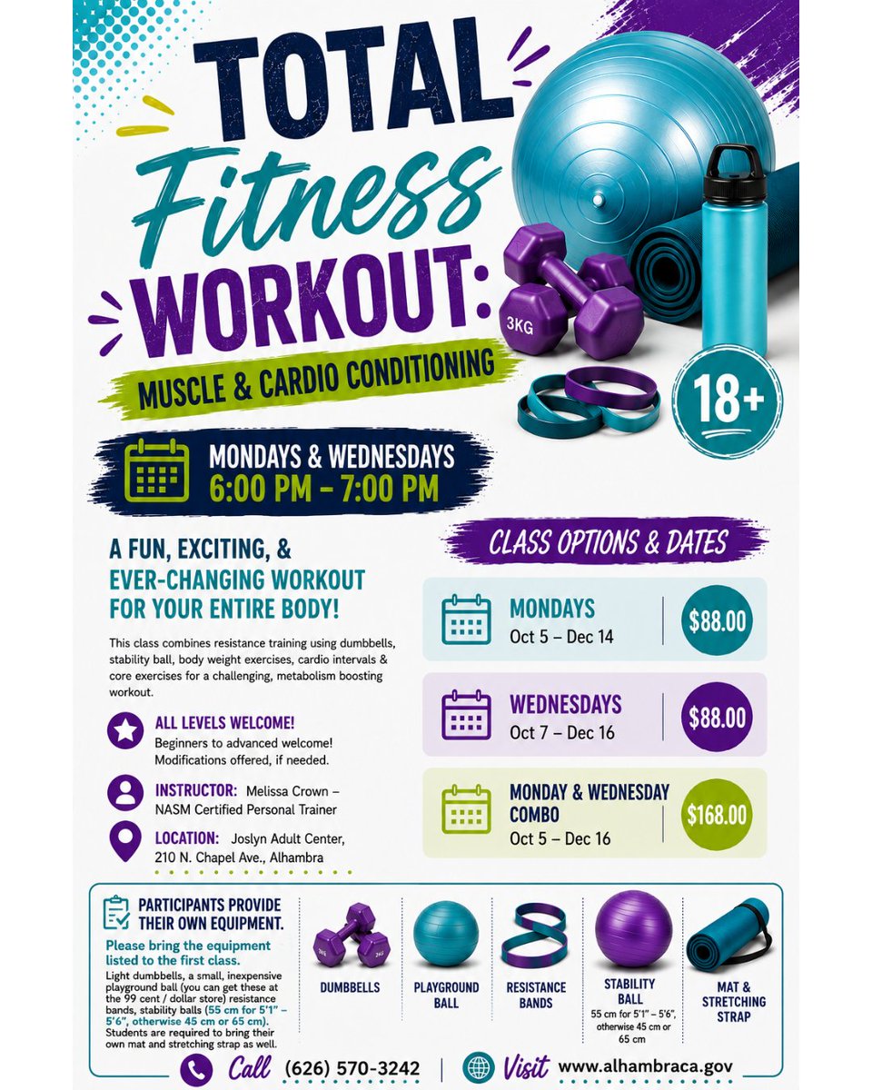 cityofalhambra's tweet photo. See more fall leisure classes for you to enjoy!
Registration is open to everyone for the Fall Leisure Classes — sign up today!
📞Call: (626) 570-3242
🔗Online: https://t.co/N6HarWe700 https://t.co/trOCrjutkR