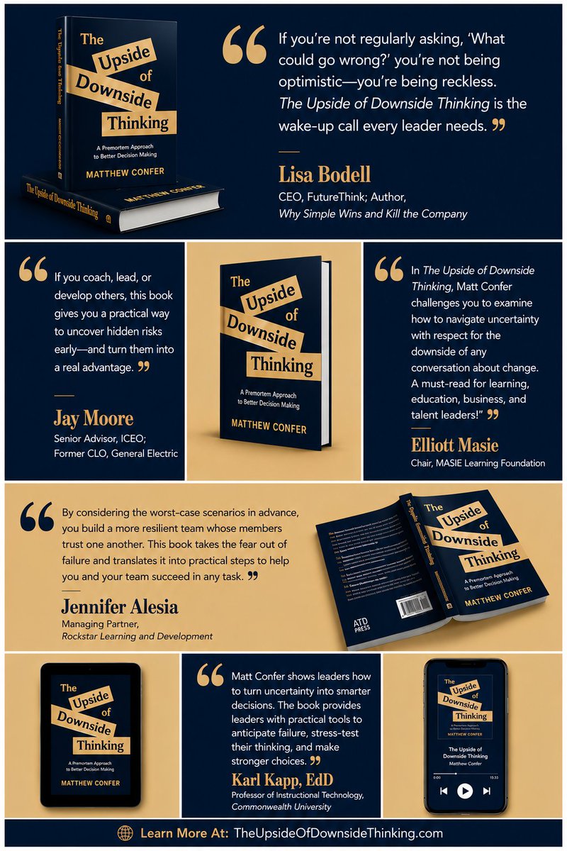 MatthewConfer's tweet photo. A huge thank you to some of the folks who provided an early read on my upcoming book from ATD Press:

The Upside of Downside Thinking: A Premortem Approach to Better Decision Making

Learn more and preorder here: https://t.co/5KBJ61KRR7

@atd @abilitiesims https://t.co/5ZwAh8eXCM
