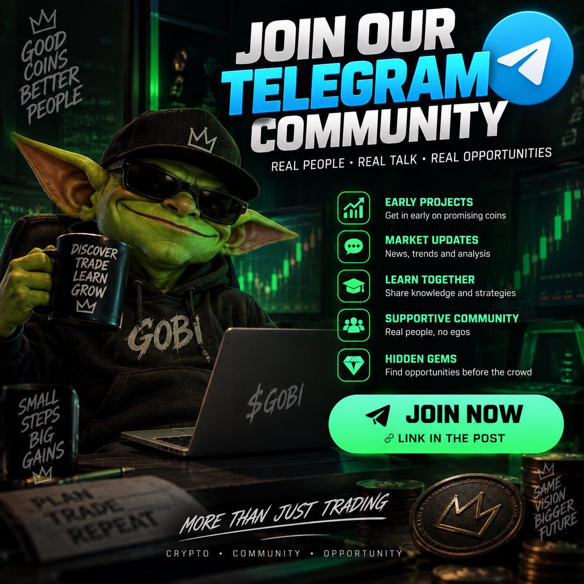 GOBImemecoin's tweet photo. 🚨 THE GOBI COMMUNITY IS OPEN 🚨

Looking for a place to discover early projects, share ideas and learn alongside other crypto traders? 👀

Join our Telegram community. 🟢

No fake promises. No guaranteed profits. Just crypto, research and community.

👇 JOIN THE TELEGRAM

https://t.co/wH7e1hEnXL

$GOBI