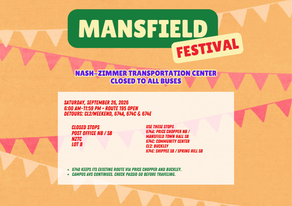🚧 TOMORROW, Sept. 26: NZTC closes to buses 6 AM–11:59 PM for Celebrate Mansfield. Route 195 stays open. CL2/Weekend, 674A, 674C & 674E detour. See the flyer below for alternate stops. Check Passio GO. #WRTD #HuskyGO