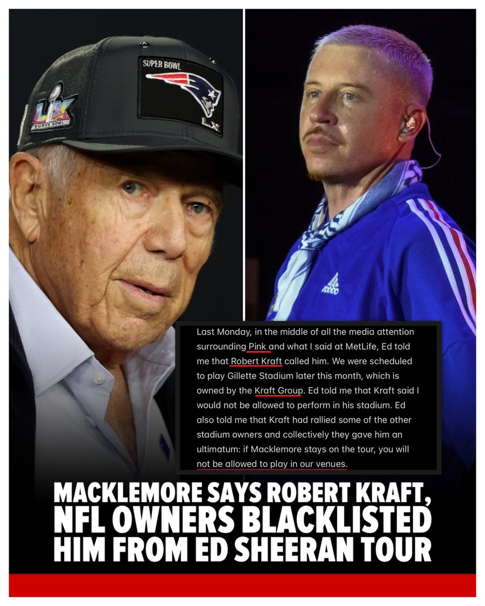 RyanRozbiani's tweet photo. Robert Kraft and the Kraft Group are why Macklemore was KICKED OFF the Ed Sheeran Tour

He got fired for speaking up for CHILDREN. https://t.co/pCxBpv5etR