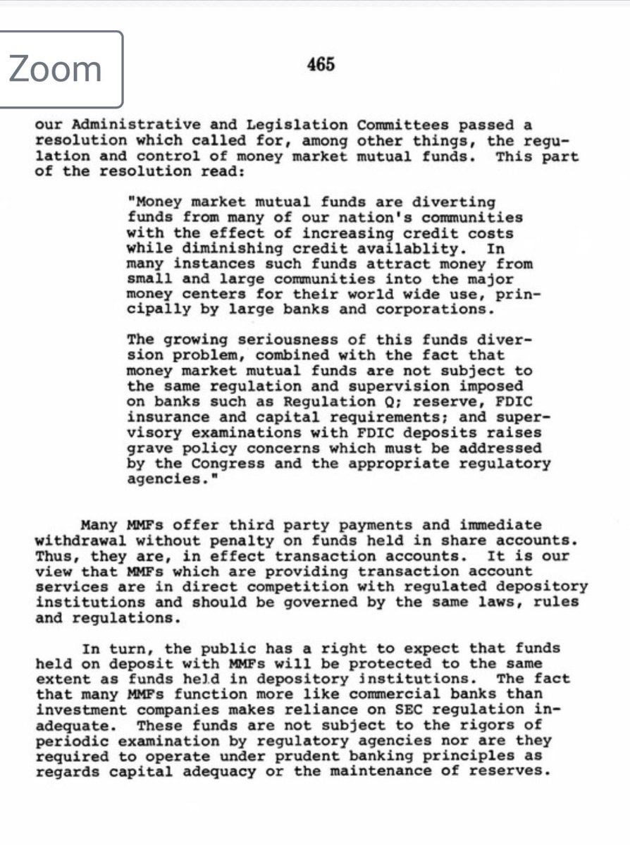 malekanoms's tweet photo. Many of us have mentioned how the stablecoin yield debate playing out in Clarity, and the arguments made against yield by the bank trades, mirror the battle over money market funds in the 1970s. Well here's some proof.

Here's a letter submitted by the Independent Bankers Association of America (a predecessor to the ICBA) in a 1980 hearing of the Senate Banking committee on money market funds. 

As you can see, many of their arguments against stablecoins are almost verbatim a copy from what they argued back then: threat to deposits, harms lending, uniquely dangerous for smaller banks.

And we know today that argument was dead wrong. Money market balances grew parabolically into the trillions, and yet banks remain flush with deposits.