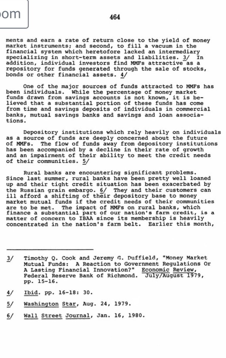 malekanoms's tweet photo. Many of us have mentioned how the stablecoin yield debate playing out in Clarity, and the arguments made against yield by the bank trades, mirror the battle over money market funds in the 1970s. Well here's some proof.

Here's a letter submitted by the Independent Bankers Association of America (a predecessor to the ICBA) in a 1980 hearing of the Senate Banking committee on money market funds. 

As you can see, many of their arguments against stablecoins are almost verbatim a copy from what they argued back then: threat to deposits, harms lending, uniquely dangerous for smaller banks.

And we know today that argument was dead wrong. Money market balances grew parabolically into the trillions, and yet banks remain flush with deposits.
