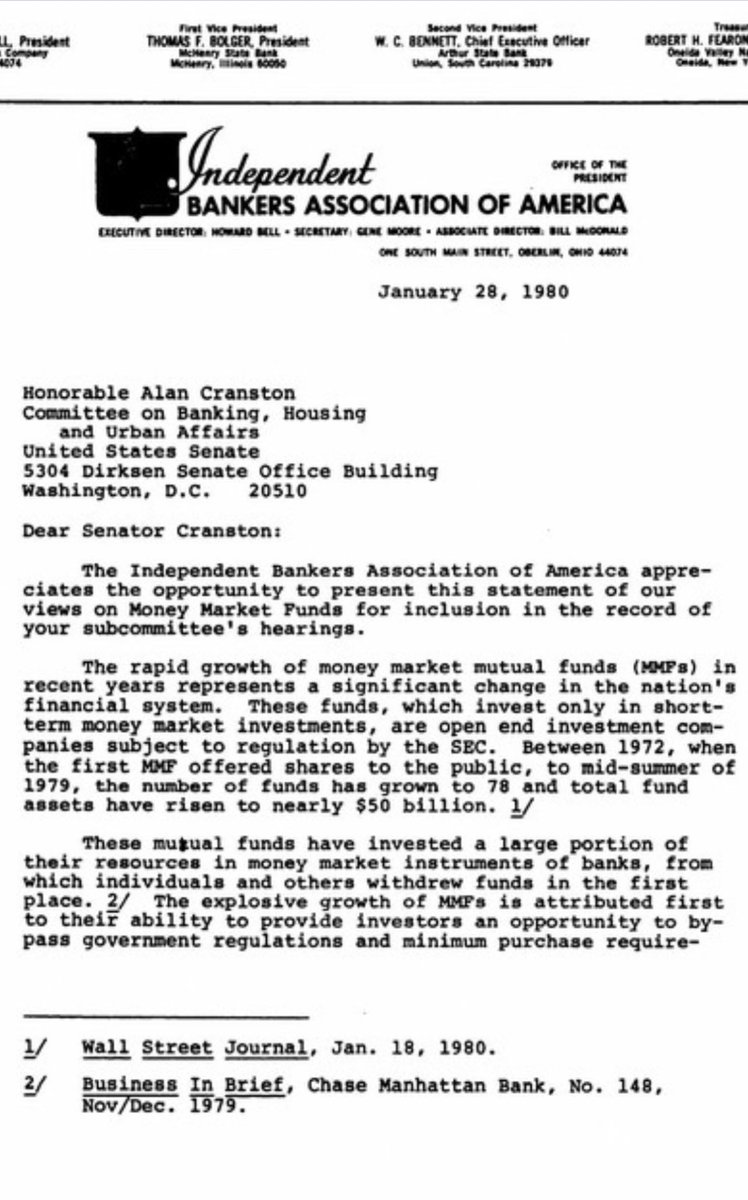 malekanoms's tweet photo. Many of us have mentioned how the stablecoin yield debate playing out in Clarity, and the arguments made against yield by the bank trades, mirror the battle over money market funds in the 1970s. Well here's some proof.

Here's a letter submitted by the Independent Bankers Association of America (a predecessor to the ICBA) in a 1980 hearing of the Senate Banking committee on money market funds. 

As you can see, many of their arguments against stablecoins are almost verbatim a copy from what they argued back then: threat to deposits, harms lending, uniquely dangerous for smaller banks.

And we know today that argument was dead wrong. Money market balances grew parabolically into the trillions, and yet banks remain flush with deposits.