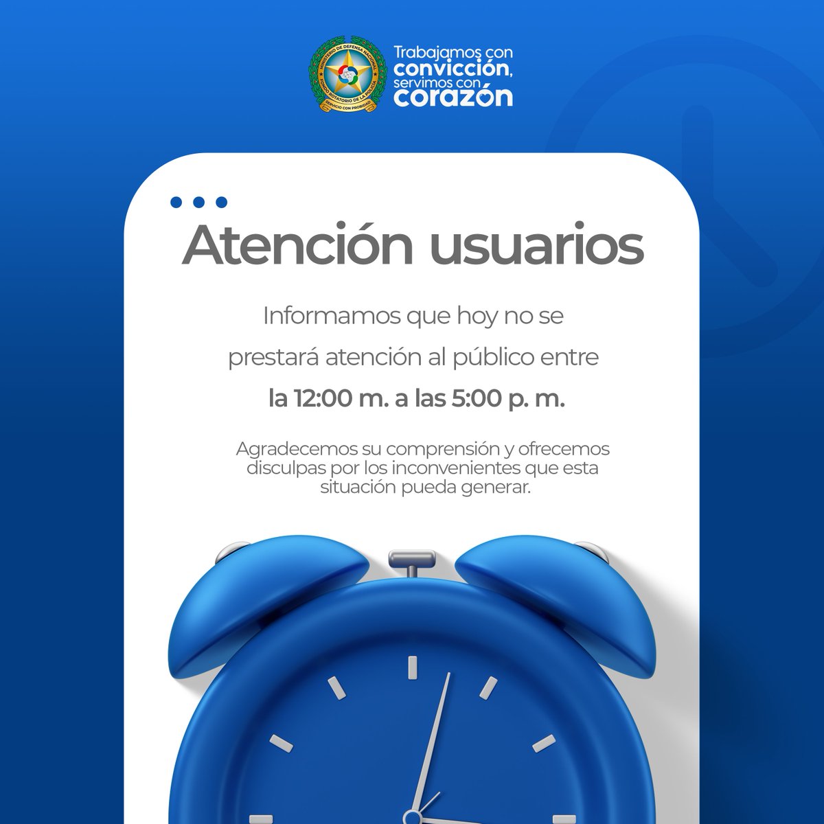 FORPO's tweet photo. Informamos a nuestros usuarios que el día de hoy no se prestará atención al público en el horario de 12:00 m. a 5:00 p. m. Agradecemos su comprensión y ofrecemos disculpas por las molestias que esto pueda generar https://t.co/MsFdvLqfaa