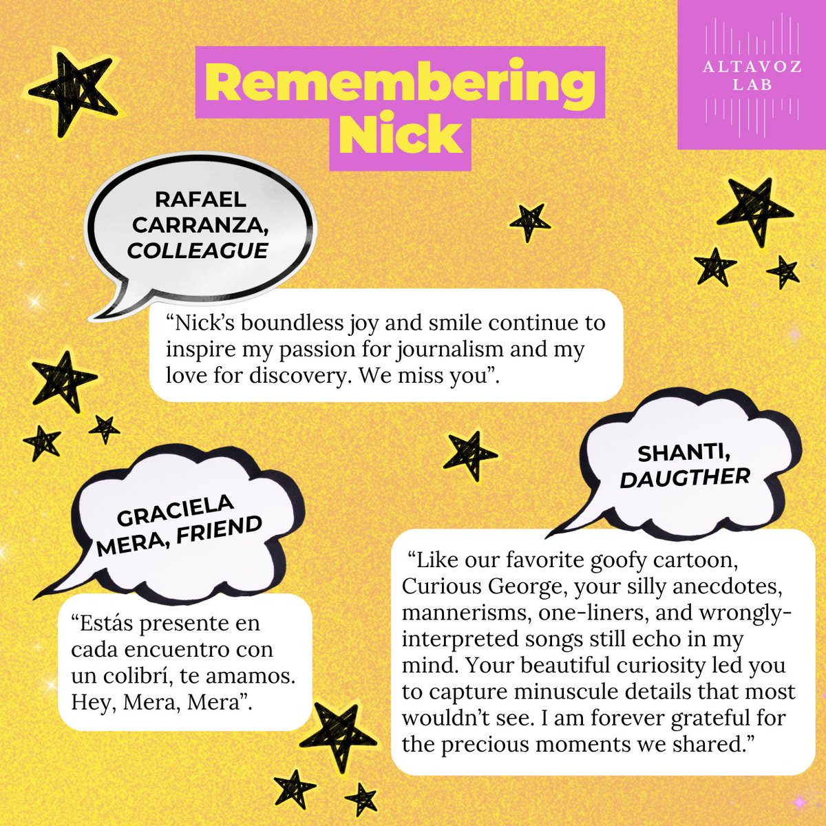 Altavoz_Lab's tweet photo. Today, we celebrate the life of Nick Oza’s life and legacy.

As you read the messages in the graphic, we invite you to add your own birthday wishes or a few words about what Nick’s life and work have meant for you.  💌

Happy Birthday, Nick! 

#AltavozLab #Photojournalism https://t.co/4NnhaT36LU