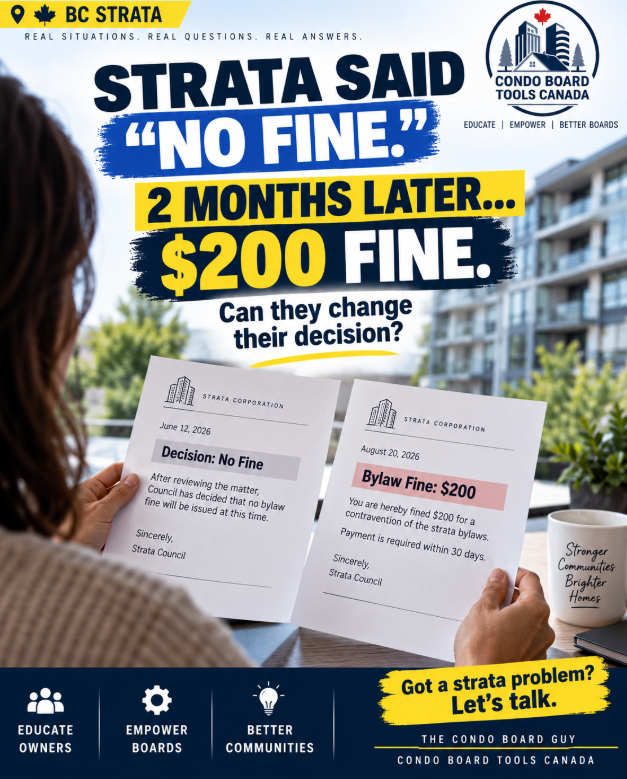 CondoBoardCA's tweet photo. Strata said “no fine.” Two months later: $200 fine.
Can they change their decision? The answer may come down to what changed and whether the proper process was followed.
Keep the paper trail.
#BCStrata #CondoBoard https://t.co/jZyWxFngpI