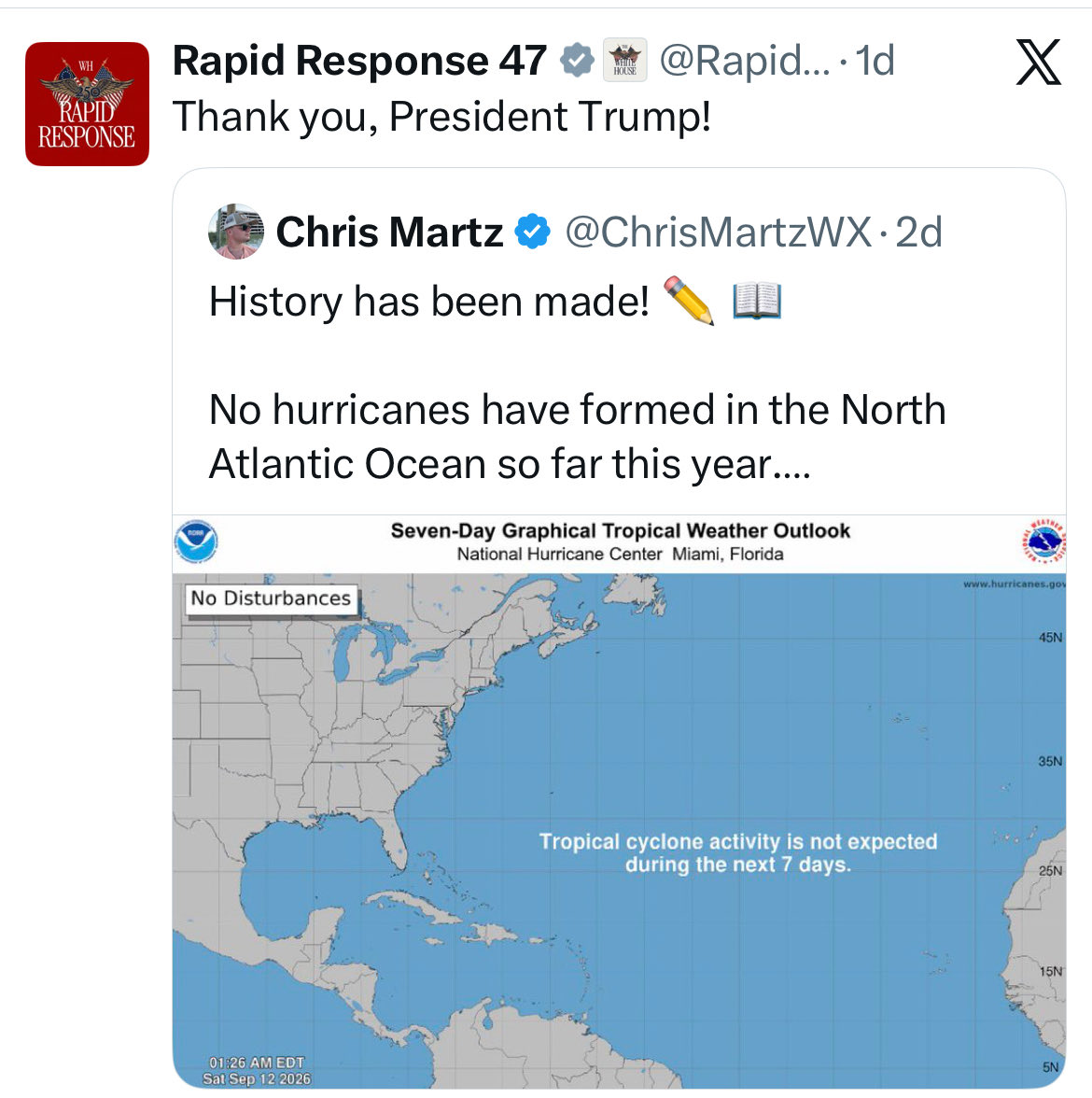 SantaSurfing's tweet photo. NO HURRICANES THIS YEAR!!!
Thanks to President Trump! 
No weather manipulation!

Trump Team reposted @ChrisMartzWX post! https://t.co/r9l2NYzri2