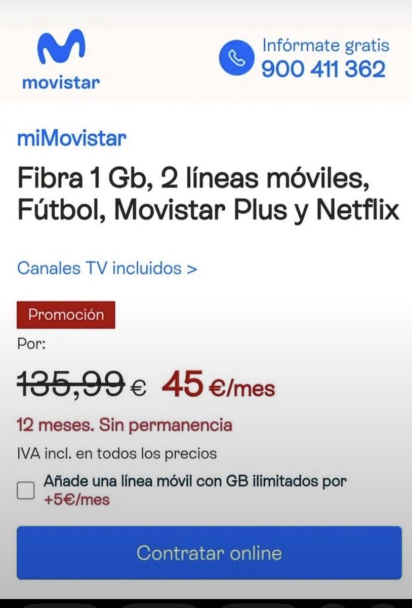 VittyF14's tweet photo. Hola @movistar_es porque yo no tengo esta oferta ? Me parece increíble ….
Solicito contacto , si no me plantearé cambiarme https://t.co/sc8dLZgcY9