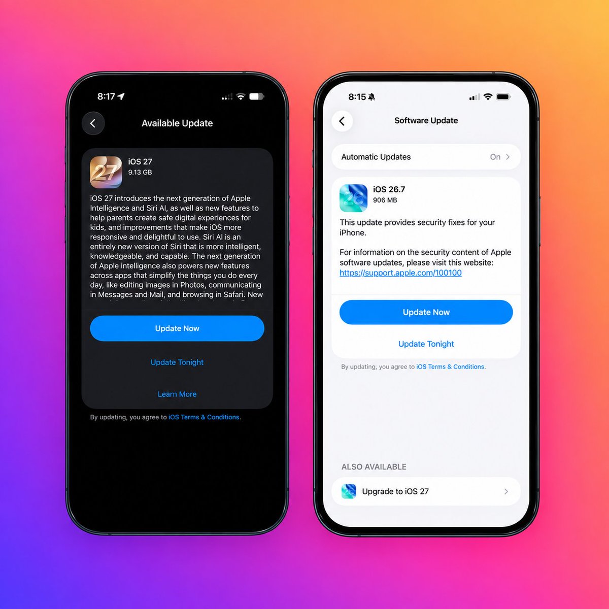 oneuios's tweet photo. People are trying to install iOS 27, but it keeps showing up as iOS 26.7 instead. For now, everyone is just hanging tight until Apple fixes the glitch. https://t.co/1uJx6pR23p