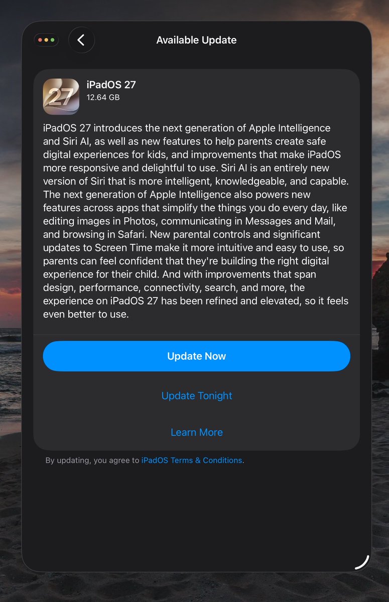 TechMNO's tweet photo. #iPadOS27 update when i clicked it. https://t.co/b2J0Ixs3uA