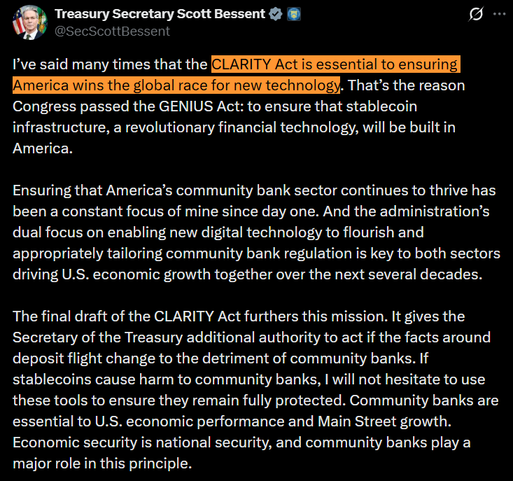 CryptooIndia's tweet photo. JUST IN: 🇺🇸 US Treasury Secretary Scott Bessent says the CLARITY Act is essential for America to win the global race for new technology.

Bessent says he will use new powers to protect community banks if stablecoins threaten their deposits. https://t.co/38yduLkwe5
