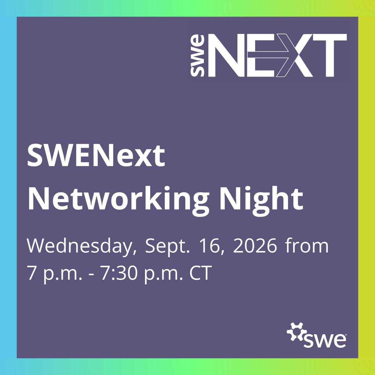 SWENext's tweet photo. SWENexters ages 14-18 are invited to a virtual Networking Night this Wednesday, Sept. 16 from 7-7:30 p.m. CT!

Connect with other students in SWENext during this 30-minute session.

Email outreach@swe.org for the registration link.

#SWENext #FutureEngineers #GirlsInSTEM #STEM https://t.co/6m7ZTcEYuO