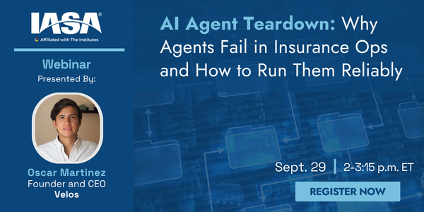 IASAINC's tweet photo. Getting an AI agent to work in a demo is one thing. Trusting it with a real insurance process is another. On September 29, we'll break down real AI agents deployed in insurance operations, from system access to guardrails and exception handling. ➡️ https://t.co/SrA1zDmIy3 https://t.co/iwH6hzCdOK
