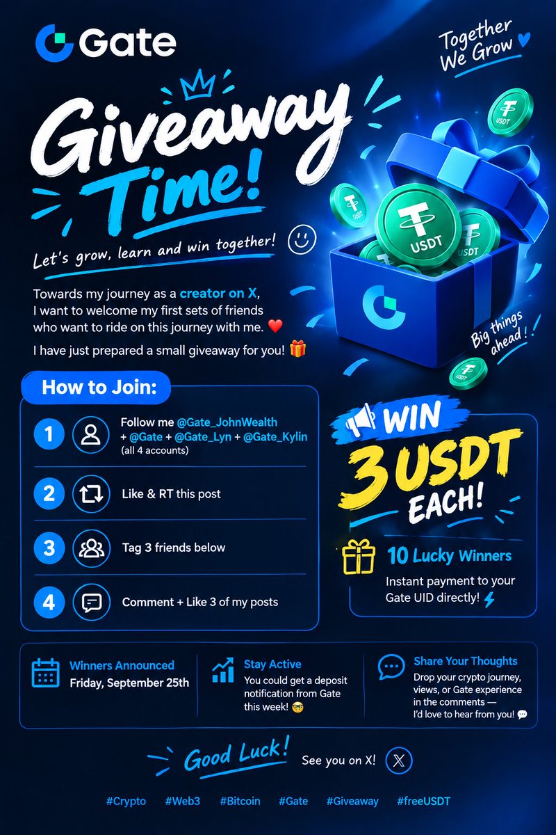 Gate_JohnWealth's tweet photo. 🎁 Giveaway Time! 🧧 

🎯 Towards my journey as a creator on X, I want to welcome my first sets of friends who want to ride on this journey with me. ❤️🥰

I have just prepared a small giveaway for you 💌

❓How to join:

✅ Just Follow me @Gate_JohnWealth + @Gate + @Gate_Lyn + @Gate_Kylin
✅ Like & RT this post
✅ Tag 3 friends below
✅ Comment + Like 3 of my posts

🎉 10 lucky winners will receive 3 USDT each! Instant payment to your Gate UID directly

📈 Stay your week with a deposit notification from Gate 🤓

📆 Winners will be announced on Friday, September 25th

🥱 You can always share your thoughts, crypto journey, or Gate experience in the comments - I'd love to hear from you! 

#Crypto #Web3 #Bitcoin #Gate #Giveaway #freeUSDT #shares #IPO