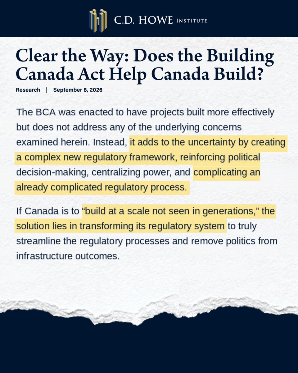 CarolAnsteyMP's tweet photo. Canadians do not need another layer of bureaucracy, they need projects approved and built.

A new C.D. Howe Institute report finds that the Major Projects Office fails to address the political decisions, unclear rules and regulatory barriers responsible for delays. 

The Prime Minister promised to 'build at speeds not seen in generations,' yet all Canadians received was another layer of bureaucracy on top of an already lengthy, complex process. Until these roadblocks are removed, the MPO will not deliver the speed or certainty Canada needs.