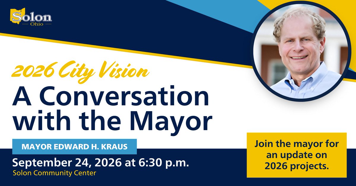 CityofSolon's tweet photo. Join us Thursday, September 24 at 6:30 PM at the Solon Community Center!

Come learn more about our 2026 projects, what's ahead for 2027, and the proposed charter changes on this year's ballot. We hope to see you there!

📍 Solon Community Center
🗓️ Thursday, September 24
🕡 6:30 PM