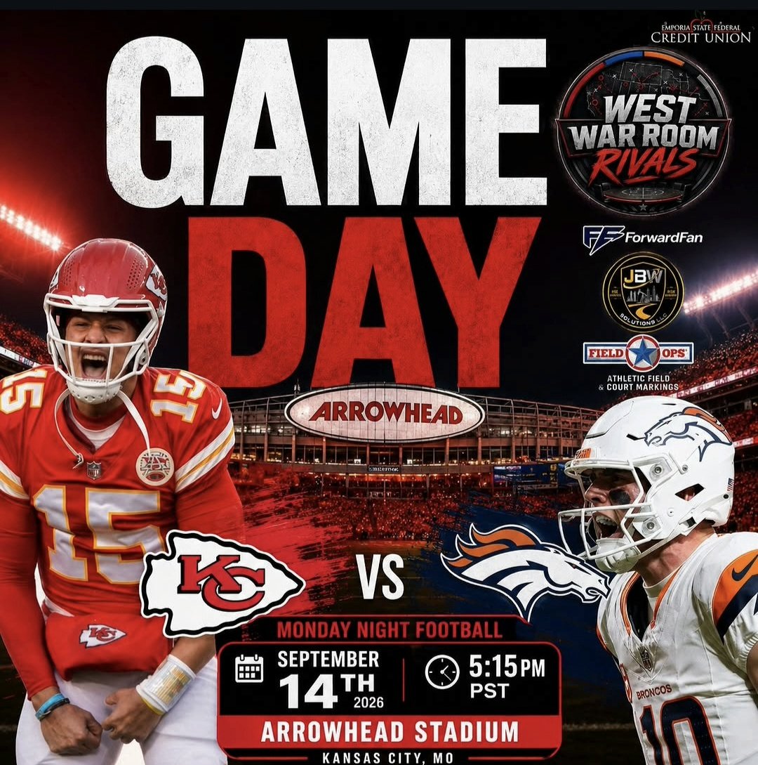 warroomcohost's tweet photo. MNF. PRIMETIME. AFC WEST BLOOD FEUD.
BRONCOS. CHIEFS. UNDER THE LIGHTS.
SETTLED IN ARROWHEAD, TONIGHT! ⚔️🏟️
#ChiefsKingdom #BroncosCountry #BeAFan https://t.co/k1gwZMTjP7