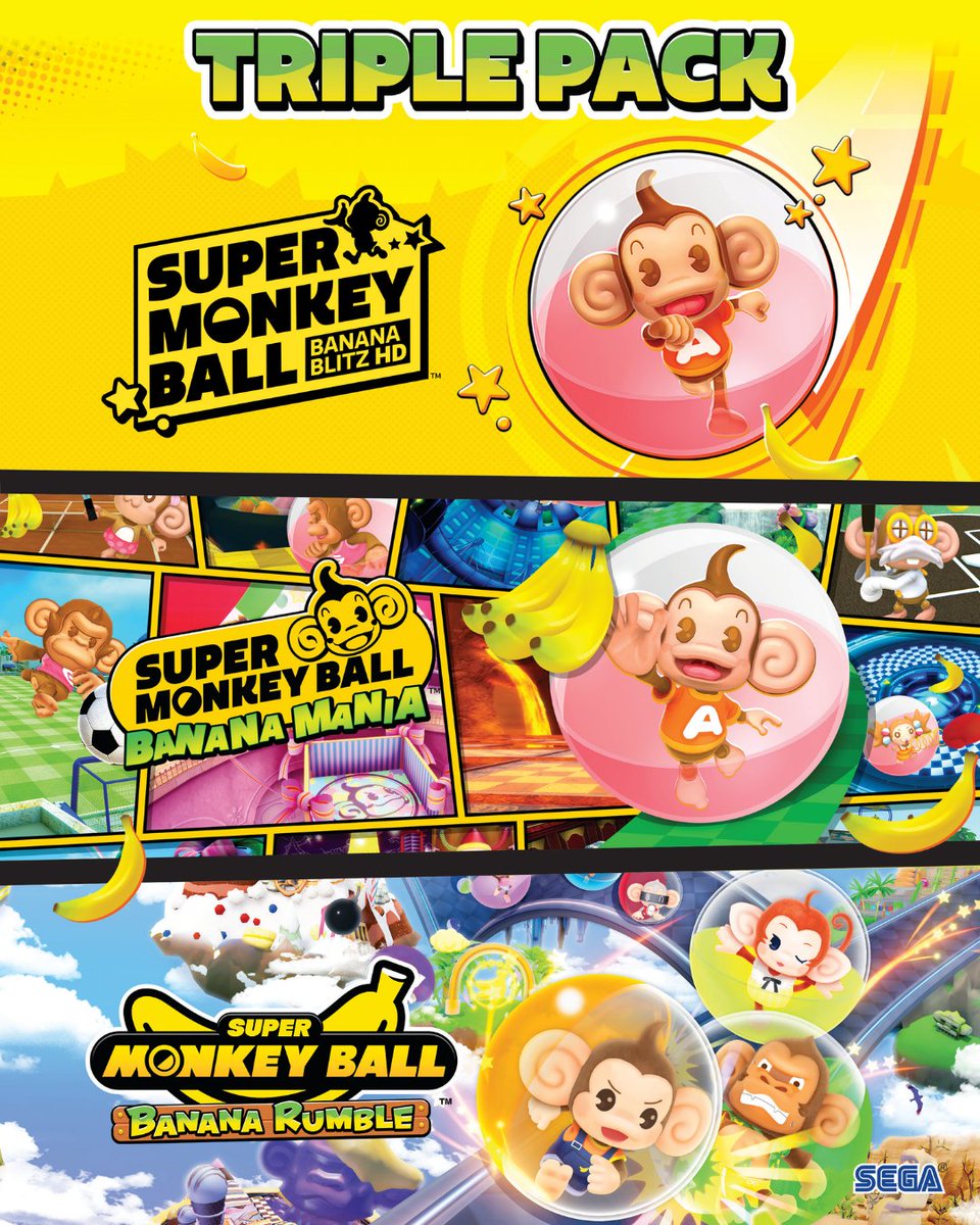SuperMonkeyBall's tweet photo. Three games. One cartridge. Infinite monkey mayhem! 🐒🪩

The Super Monkey Ball Triple Pack drops exclusively on Nintendo Switch in North America on November 10th, packing 3 games into 1 cart:

🍌Banana Blitz HD
🍌🍌Banana Mania
🍌🍌🍌Banana Rumble

Pre-orders are available now. https://t.co/nsFm8yOgY3