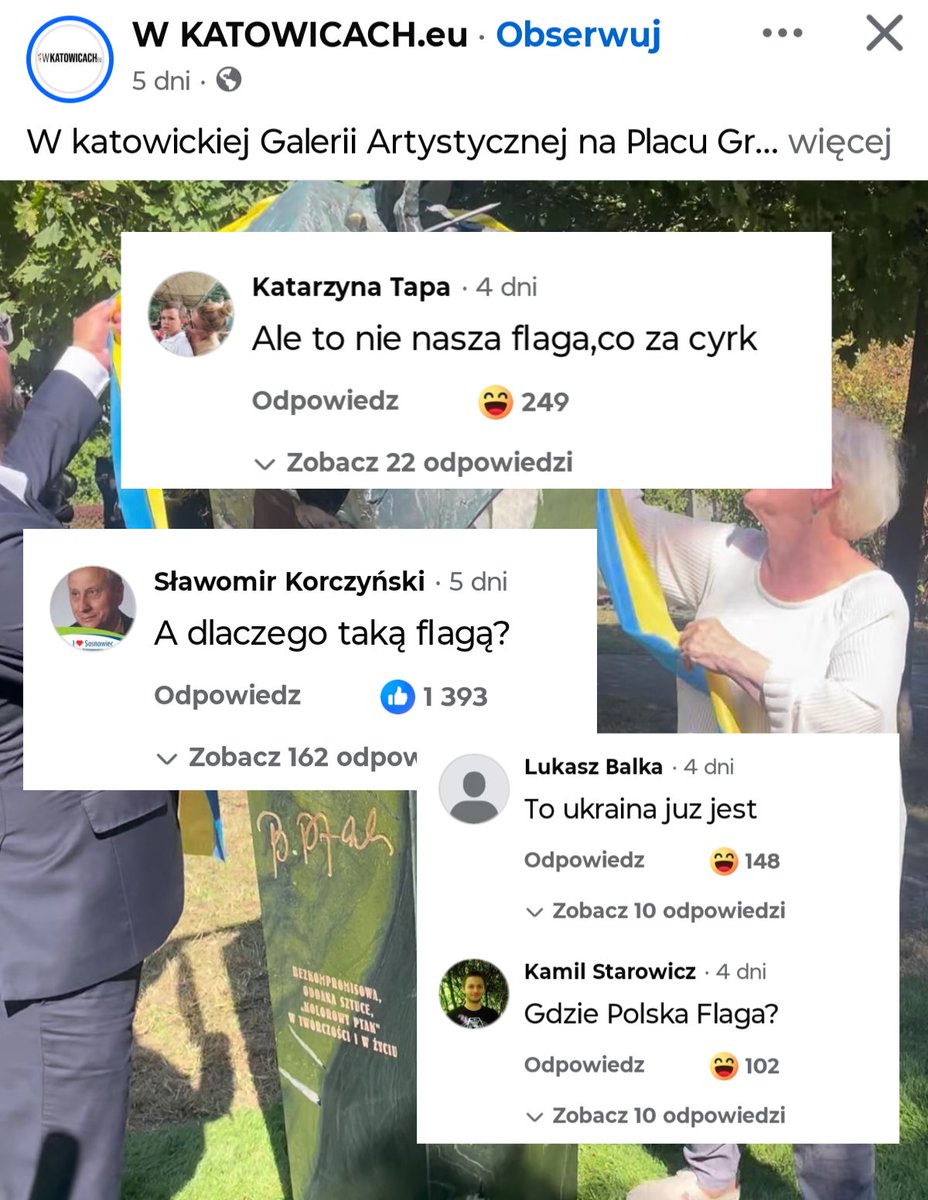 lsnienie's tweet photo. W Katowicach odsłonięto pomnik śląskiej kostiumografki, Barbary Ptak. Rzeźbę przepasano wstęgą w kolorach Górnego Śląska. 

No i zgadnijcie, co się dzieje w komentarzac 🤡 https://t.co/eFtryXvRIg