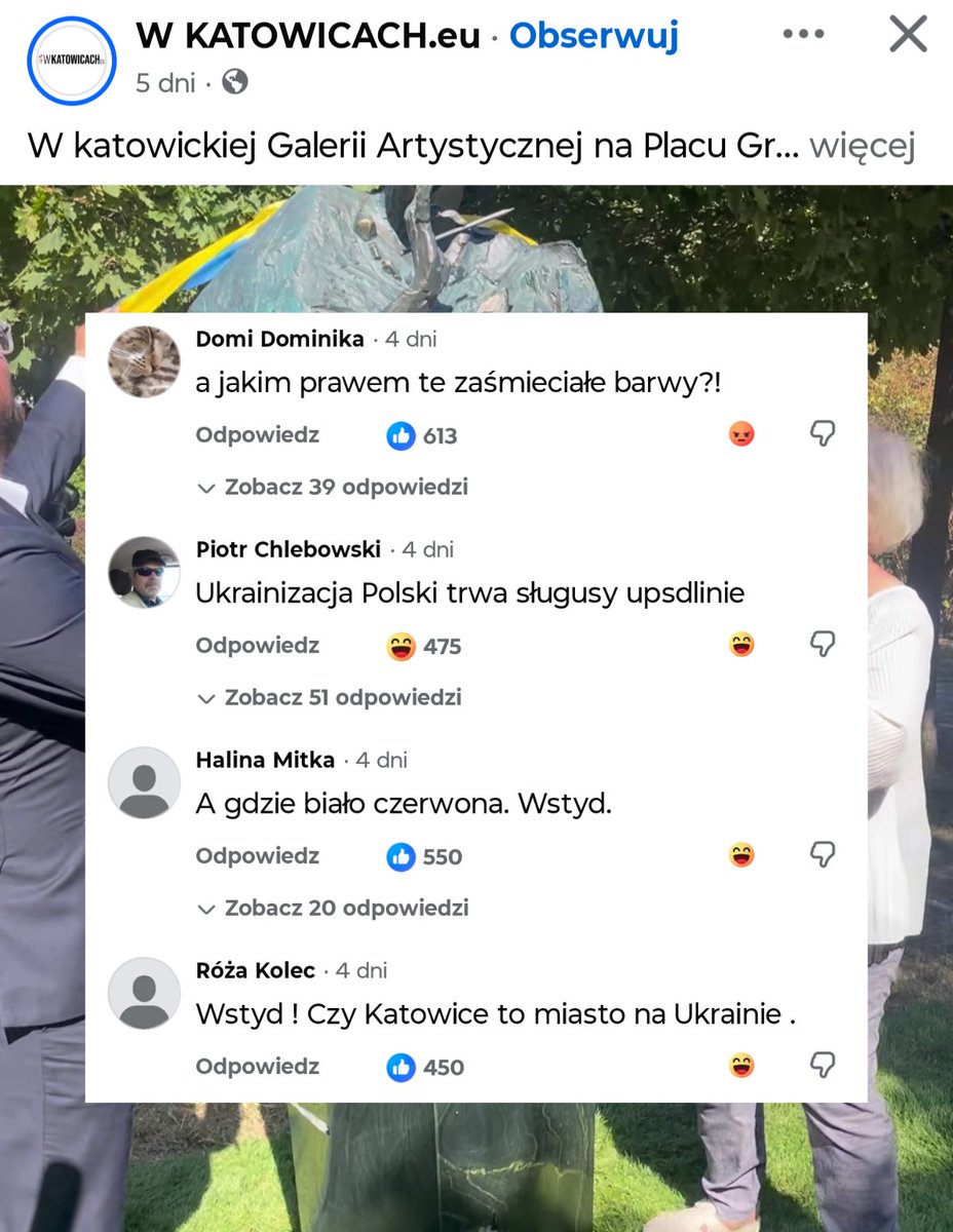 lsnienie's tweet photo. W Katowicach odsłonięto pomnik śląskiej kostiumografki, Barbary Ptak. Rzeźbę przepasano wstęgą w kolorach Górnego Śląska. 

No i zgadnijcie, co się dzieje w komentarzac 🤡 https://t.co/eFtryXvRIg