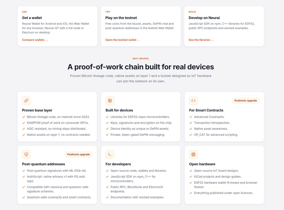 neuraiproject's tweet photo. 🔥 Neurai Website
We have updated our website with numerous changes to the sections related to the major changes involved in the network upgrade that includes Positronic.

More comprehensive sections, examples of smart contracts, wallet updates, and a few other things.

We’re also working on developing our own distinctive orange style, which has been gradually introduced across other projects such as the faucet, the web wallet, and the mobile wallet, all sharing a consistent design.

https://t.co/H5zngwMEuF

#Neurai #XNA neurai:native #DePIN #PQ