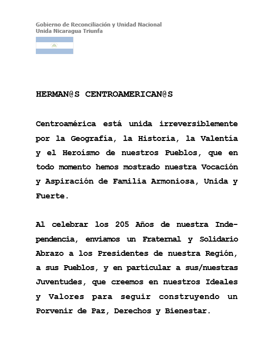 el19digital's tweet photo. 🔴 SALUDO HERMAN@S CENTROAMERICAN@S

Saludo de Pueblo y Gobierno de #Nicaragua, a l@s President@s y Pueblos de Centroamérica, en el 205 Aniversario de nuestra Independencia. https://t.co/UYB9P0fZiL