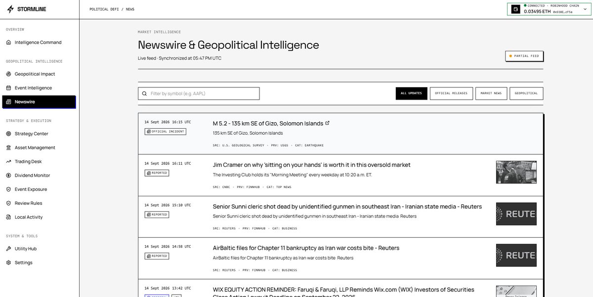 UseStormLine's tweet photo. Stormline Newswire turns market headlines into structured, verifiable intelligence.

Instead of showing users an unexplained stream of news, Stormline identifies:

➡️whether the information is official or media-reported;
➡️the original source and data provider;
➡️the exact publication time;
➡️the event category;
➡️and the Stock Tokens that may have relevant exposure.

For example, the magnitude 5.2 earthquake near Gizo, Solomon Islands, is marked as an Official Incident because it was confirmed through USGS data.

The event itself does not prove that any stock will rise or fall. Its financial relevance depends on confirmed damage, operational disruption, infrastructure exposure, and affected supply chains.

Stormline helps users distinguish a verified event from an assumed market impact:

Verified information → relevant asset exposure → independent review → user-authored strategy.